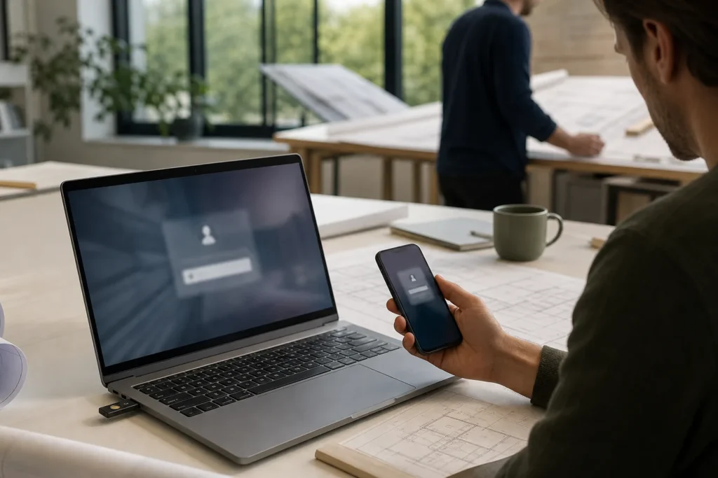 A laptop with a hardware security key plugged in and a smartphone showing a softly blurred sign-in prompt