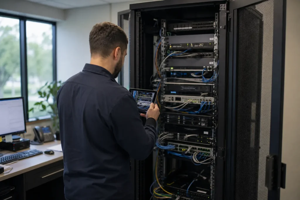 A technician with a tablet photographing equipment in a small office server room