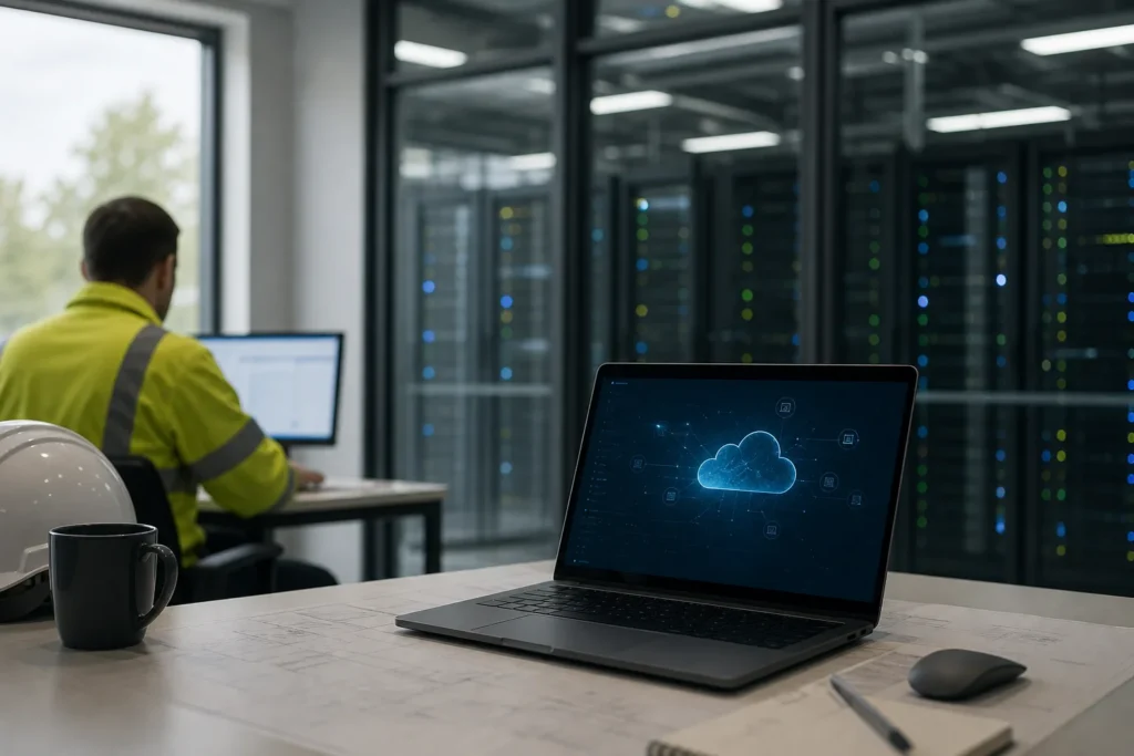 A laptop on a desk with a softly out-of-focus row of data centre racks behind glass
