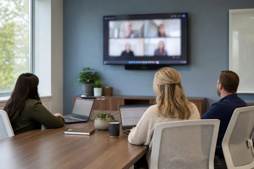 A small meeting room with a wall display showing a softly blurred video call, three laptops open on the table