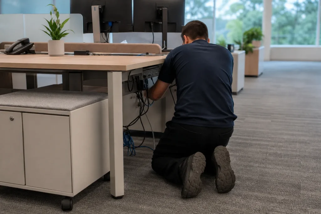 A technician kneeling beside a desk connecting a workstation under it, seen from behind