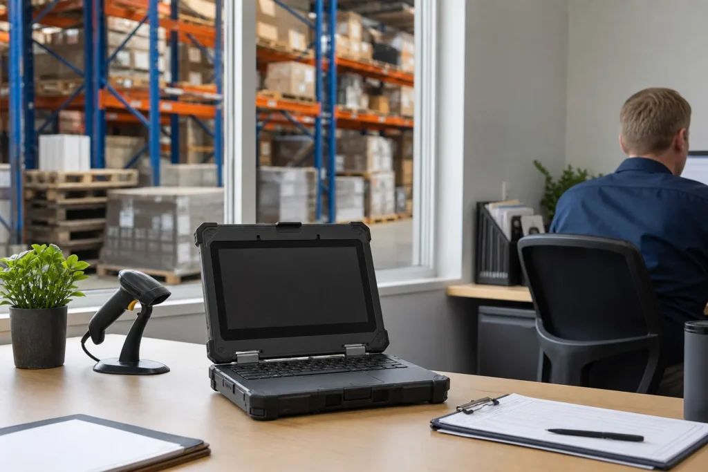 A rugged laptop and a barcode scanner on a desk in a warehouse office, racking visible through the window