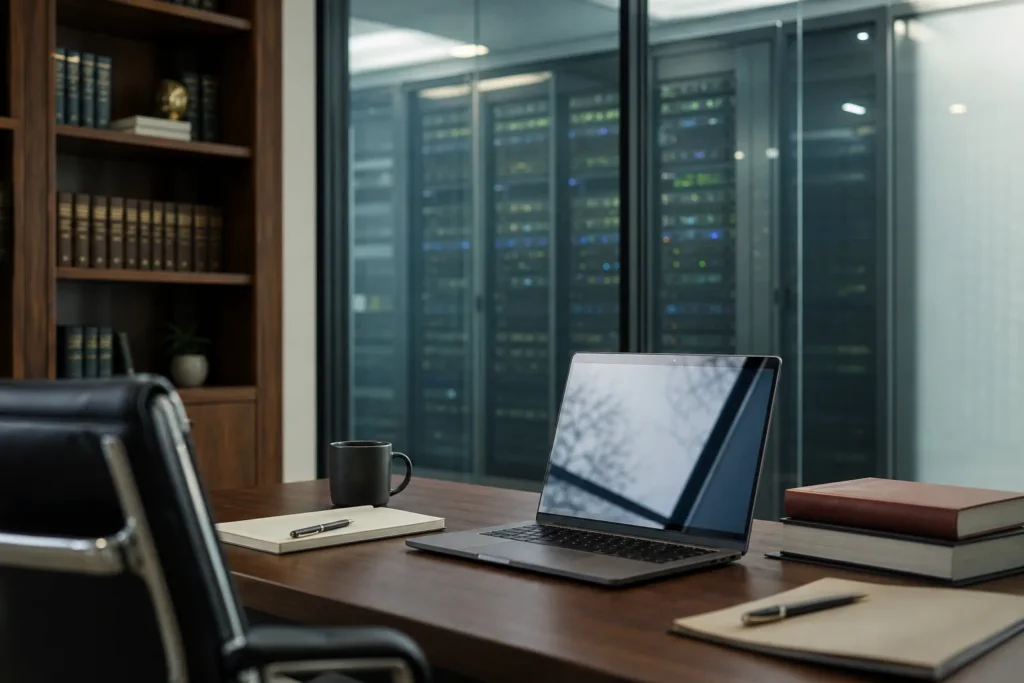 A laptop on a desk with a softly out-of-focus row of data centre racks behind glass