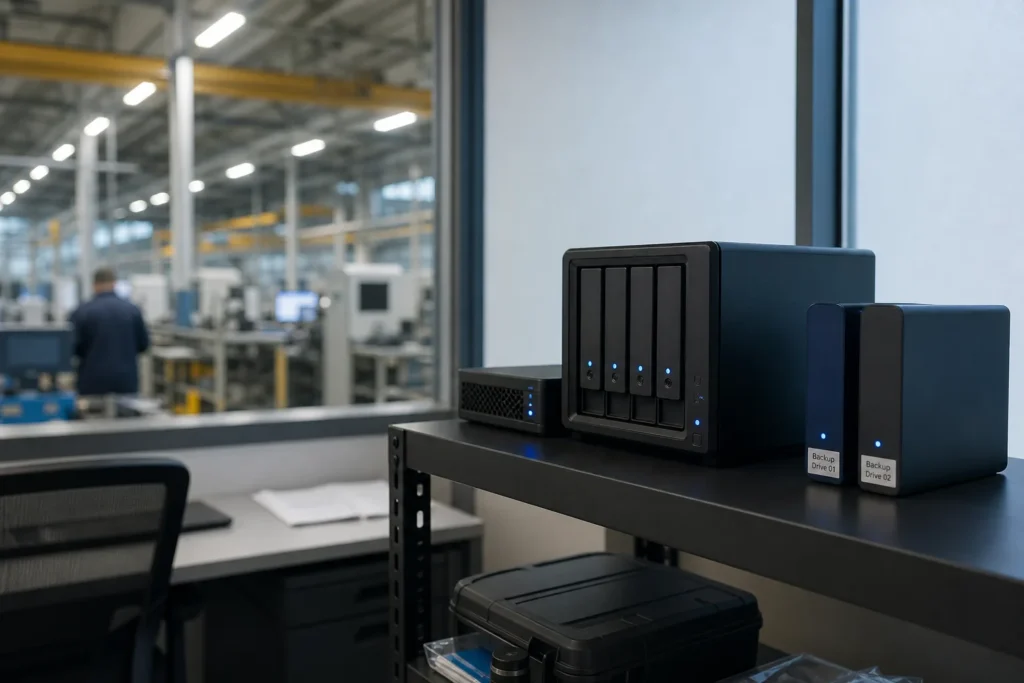 A compact backup appliance and two labelled external drives on a shelf beside a small server, status lights glowing