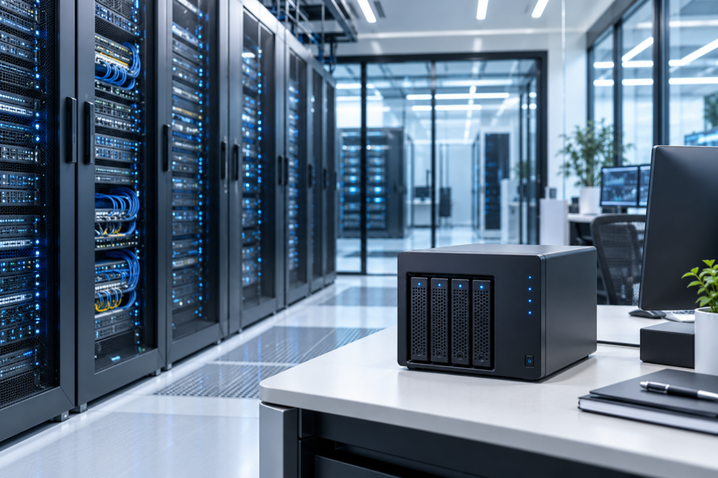 Backup storage appliance beside server racks in a modern data centre.