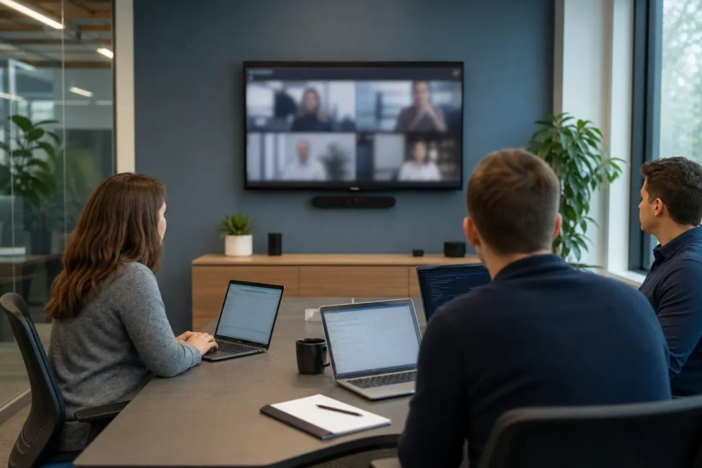A small meeting room with a wall display showing a softly blurred video call, three laptops open on the table