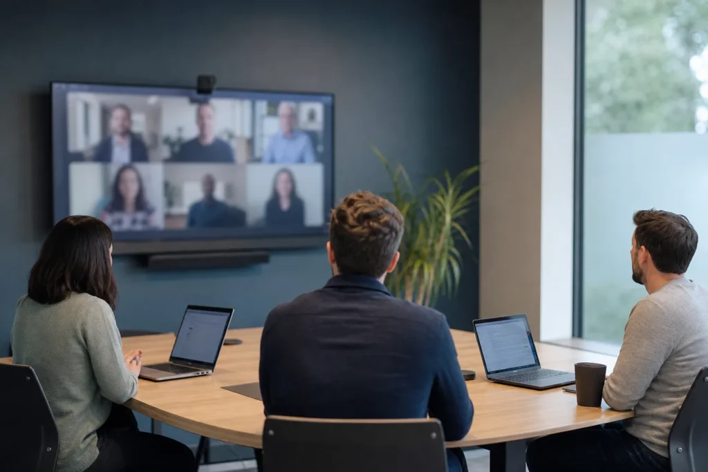 A small meeting room with a wall display showing a softly blurred video call, three laptops open on the table