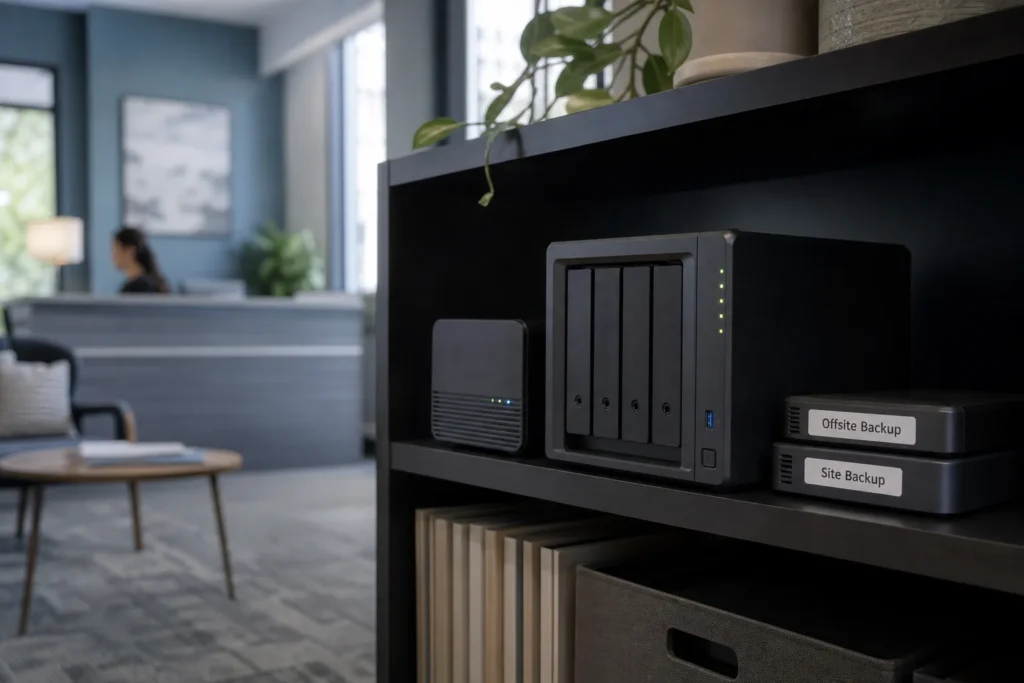 A compact backup appliance and two labelled external drives on a shelf beside a small server, status lights glowing