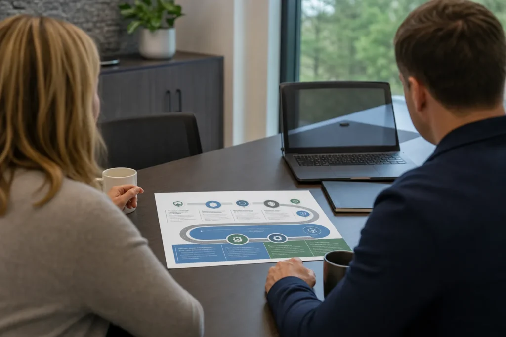 A conference table with a printed IT roadmap, a laptop and two coffees, two people seen from behind