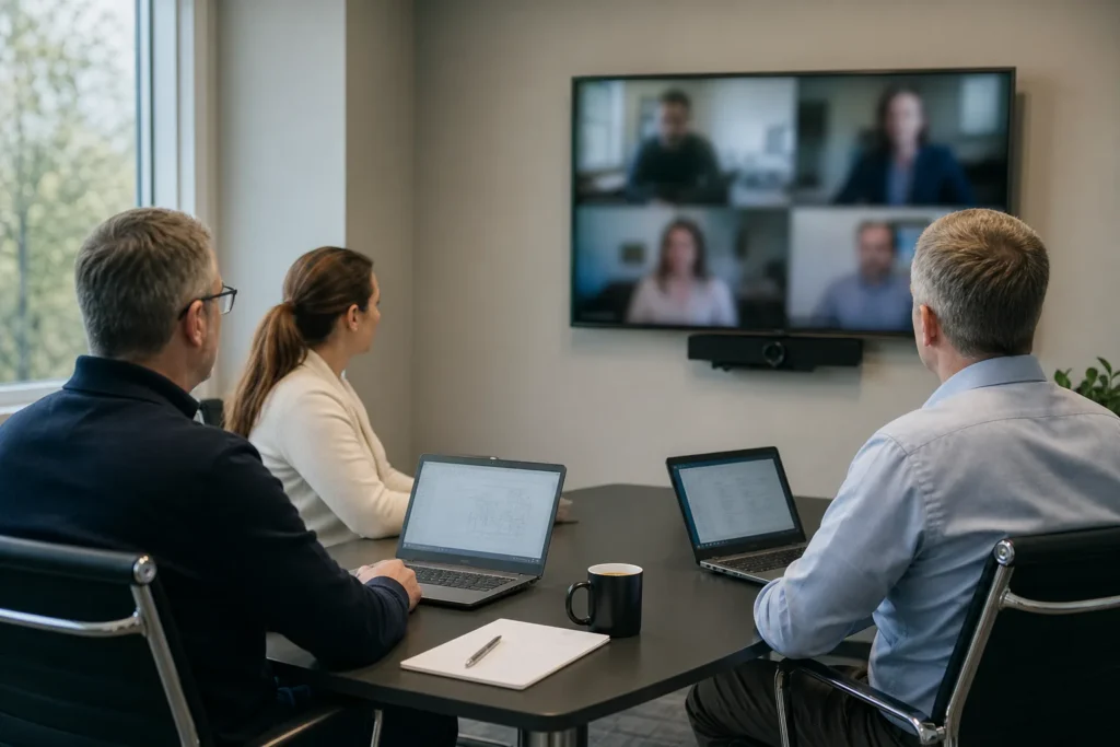 A small meeting room with a wall display showing a softly blurred video call, three laptops open on the table