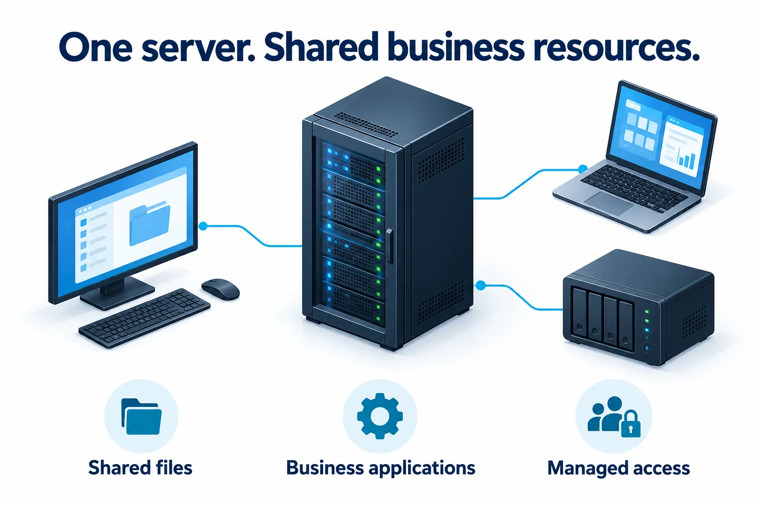 A central business server connects a desktop, laptop and storage device for shared files, applications and managed access.
