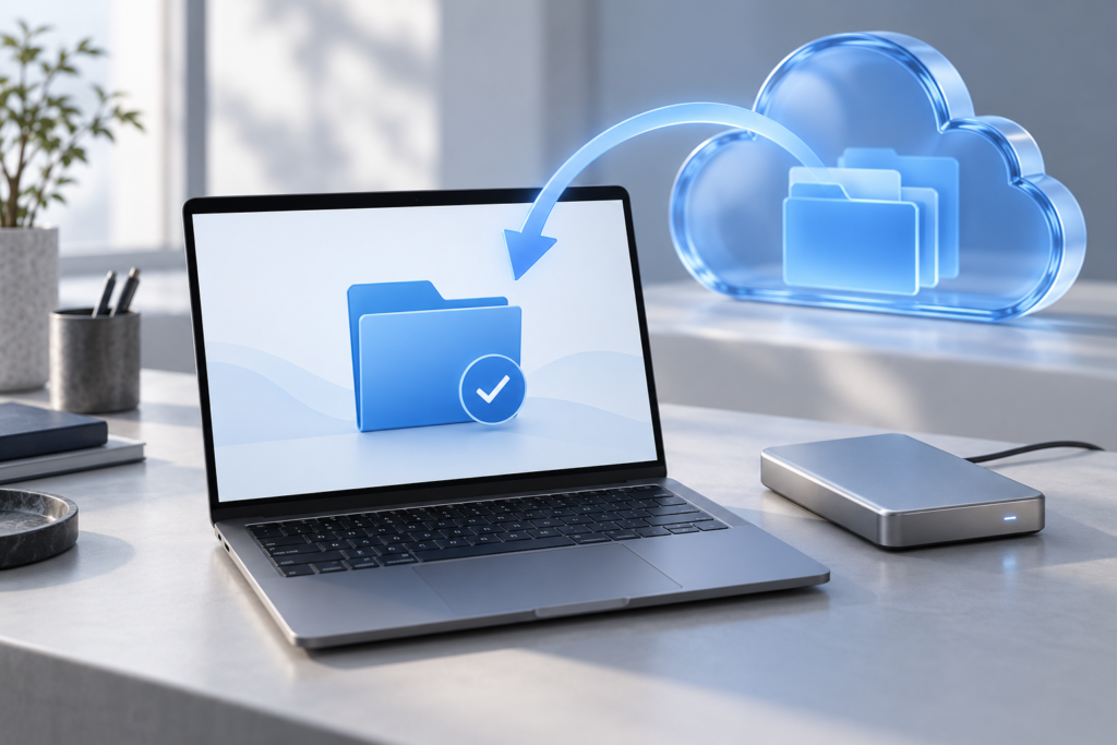 Cloud folders restoring to a laptop beside an external backup drive.