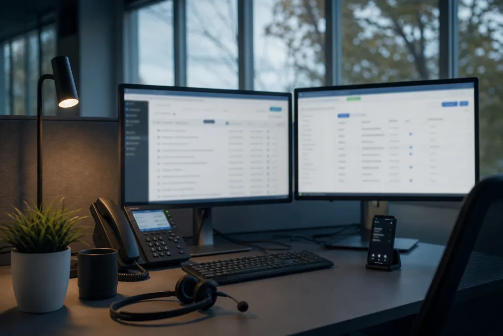 A support technician's desk with a headset, two monitors showing softly blurred ticket screens, a phone lit up