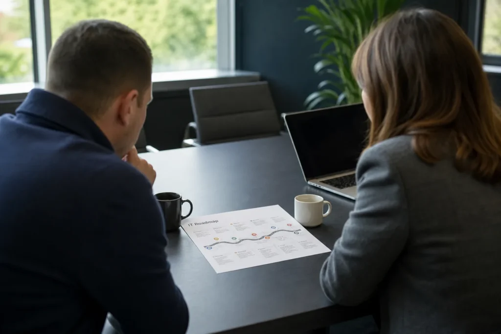 A conference table with a printed IT roadmap, a laptop and two coffees, two people seen from behind