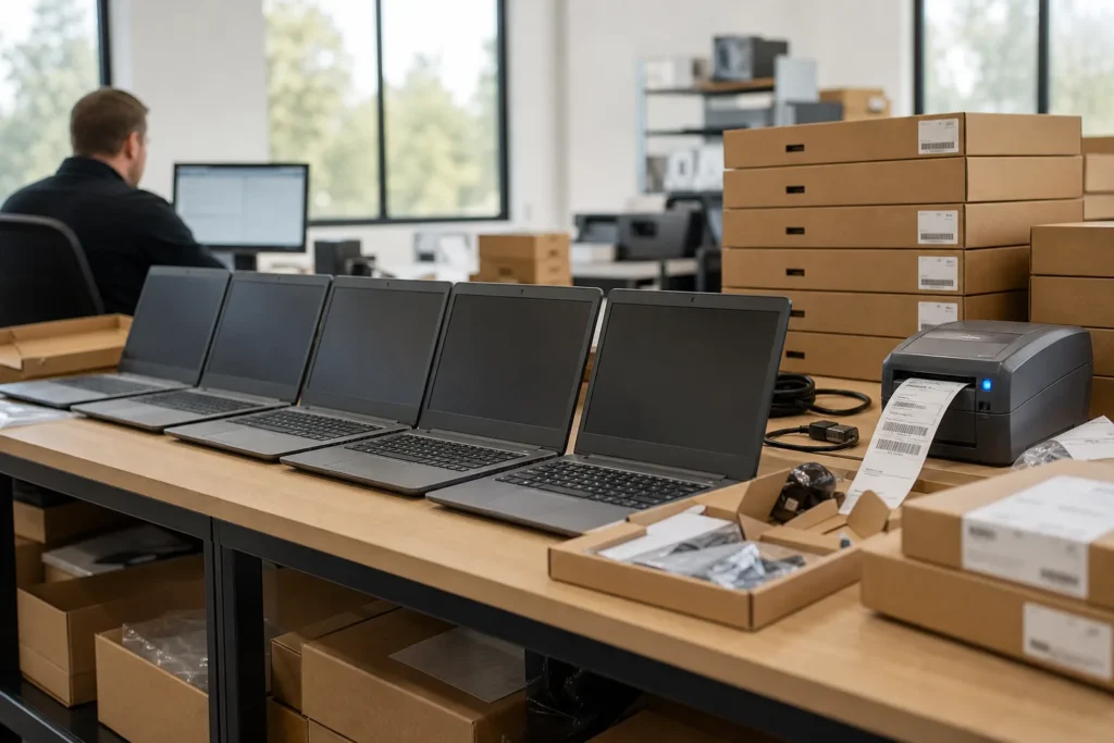 A row of new laptops being unboxed and set up on a clean workbench, boxes stacked and a label printer nearby