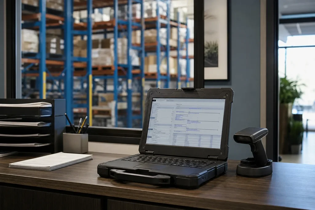 A rugged laptop and a barcode scanner on a desk in a warehouse office, racking visible through the window