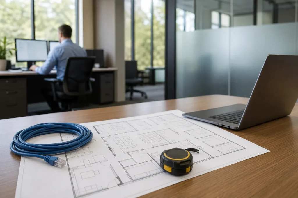 A desk with a printed floor plan, a laptop and a coil of blue network cable, a tape measure on top