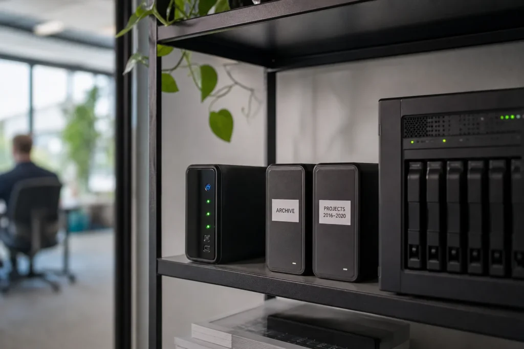 A compact backup appliance and two labelled external drives on a shelf beside a small server, status lights glowing