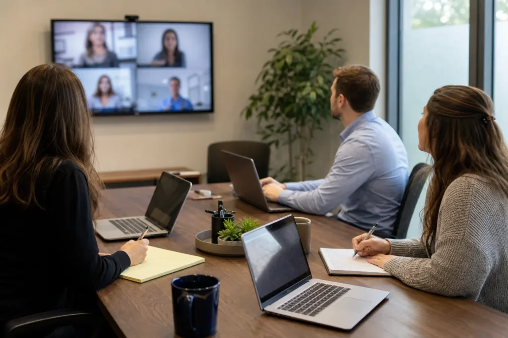 A small meeting room with a wall display showing a softly blurred video call, three laptops open on the table