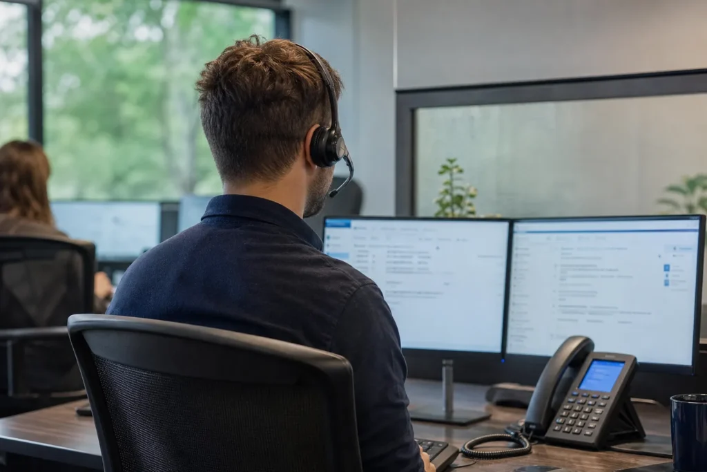 A support technician's desk with a headset, two monitors showing softly blurred ticket screens, a phone lit up