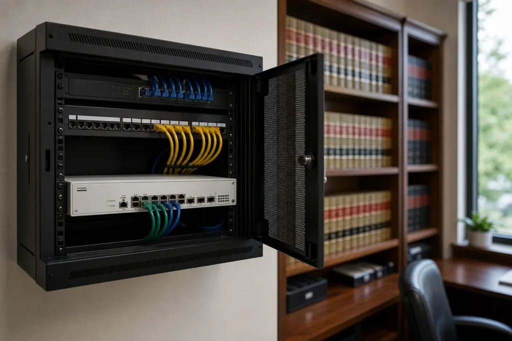 A business firewall appliance in a wall-mounted network cabinet, neatly dressed colour-coded patch cables, cabinet door open