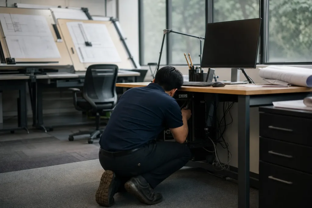 A technician kneeling beside a desk connecting a workstation under it, seen from behind