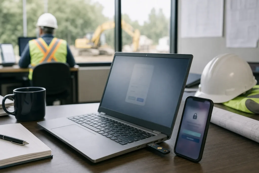 A laptop with a hardware security key plugged in and a smartphone showing a softly blurred sign-in prompt