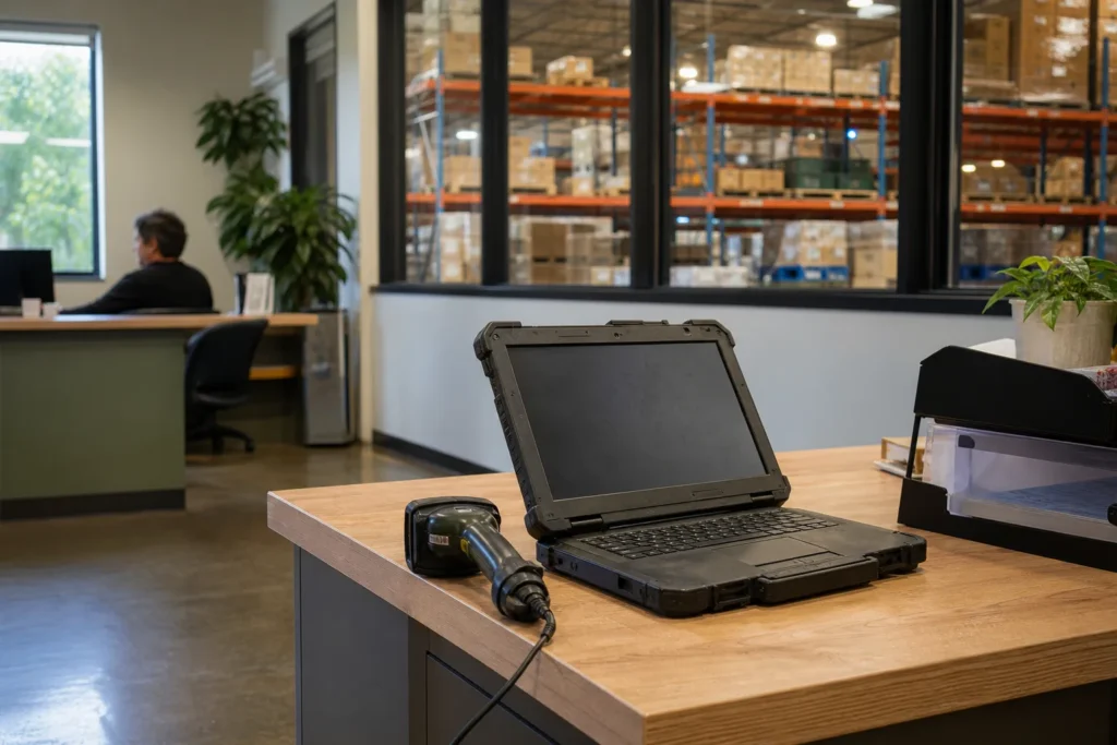 A rugged laptop and a barcode scanner on a desk in a warehouse office, racking visible through the window