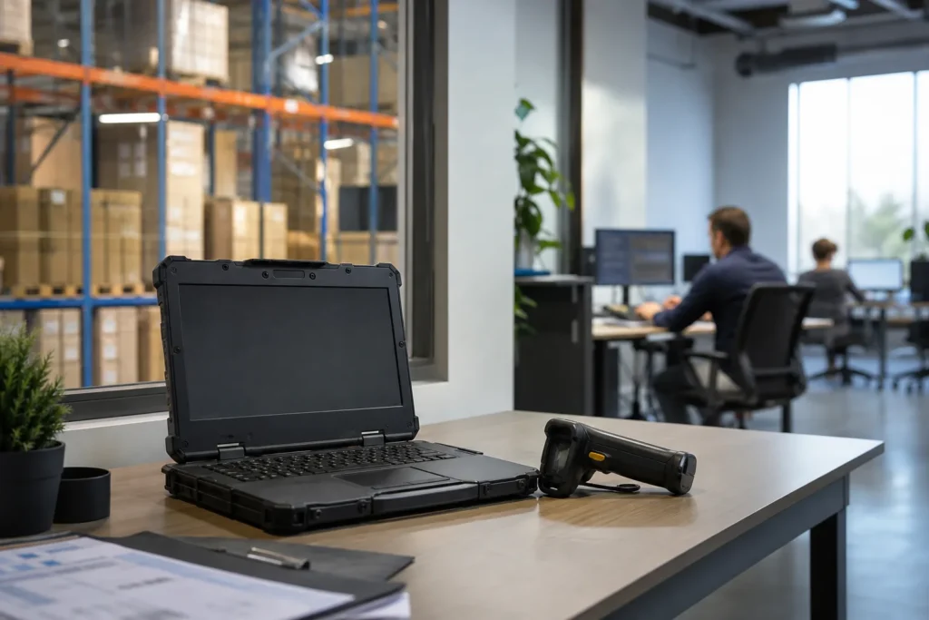 A rugged laptop and a barcode scanner on a desk in a warehouse office, racking visible through the window