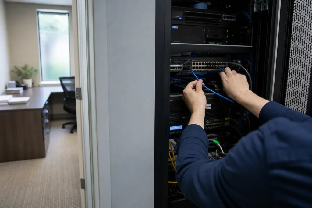 A small business server rack in a tidy comms closet, a technician's hands plugging in a cable