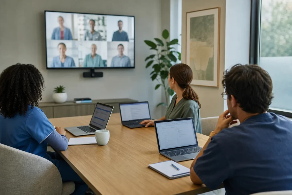 A small meeting room with a wall display showing a softly blurred video call, three laptops open on the table