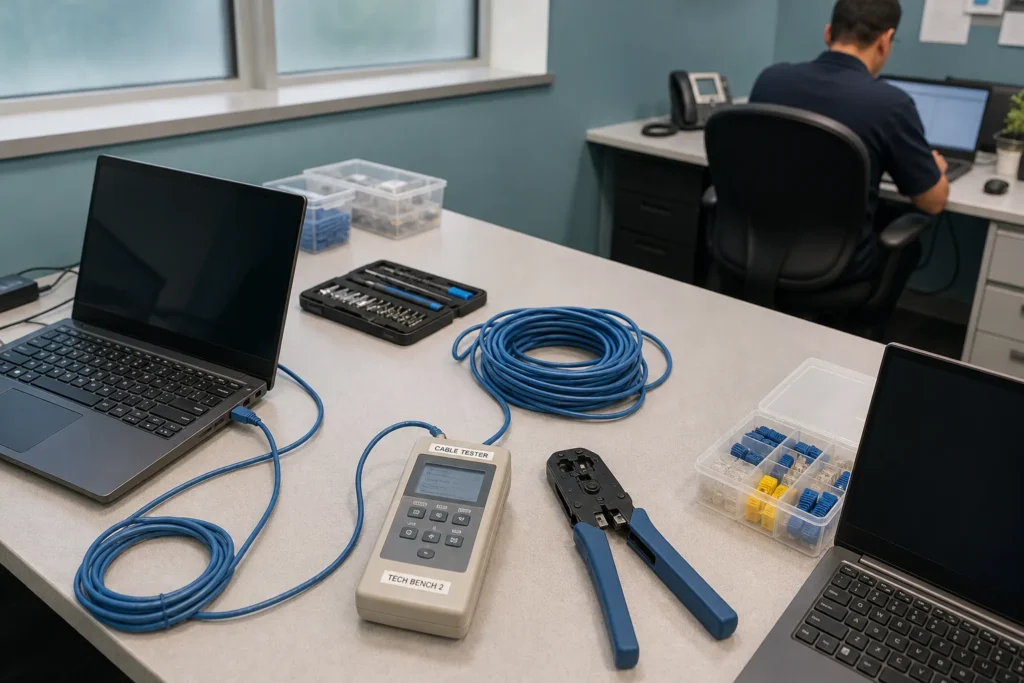 A technician's workbench with open laptops, a crimping tool and a labelled cable tester, seen from above