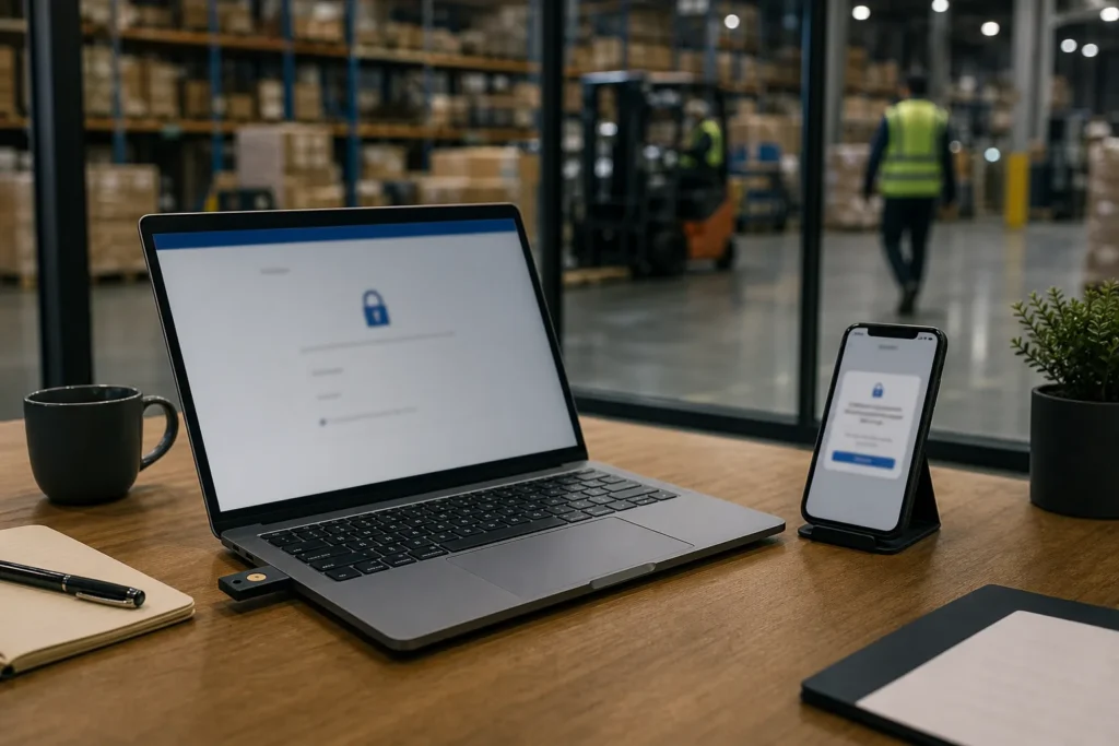 A laptop with a hardware security key plugged in and a smartphone showing a softly blurred sign-in prompt