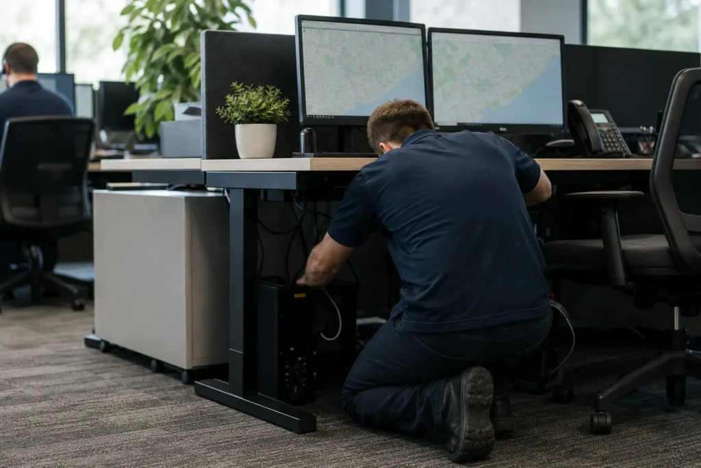 A technician kneeling beside a desk connecting a workstation under it, seen from behind
