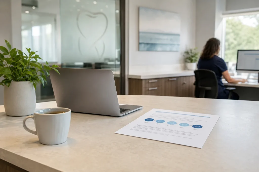 A tidy desk with a laptop, a printed one-page plan and a cup of coffee, morning light