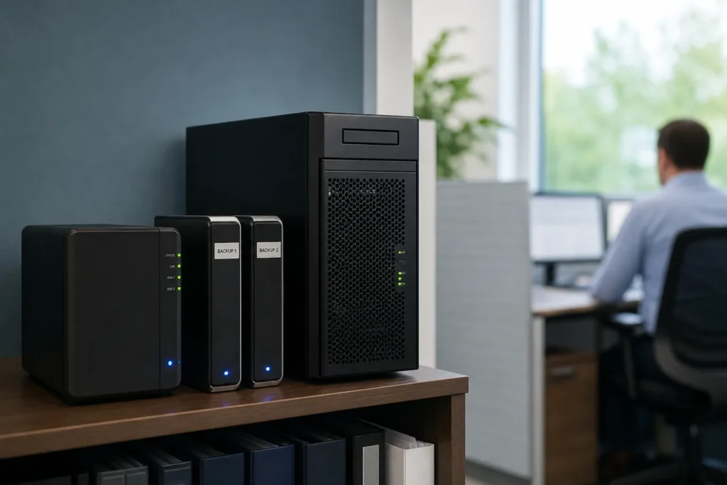 A compact backup appliance and two labelled external drives on a shelf beside a small server, status lights glowing