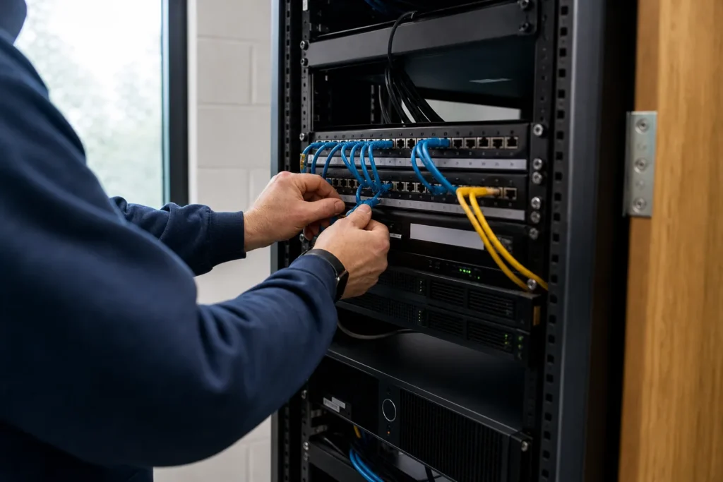 A small business server rack in a tidy comms closet, a technician's hands plugging in a cable