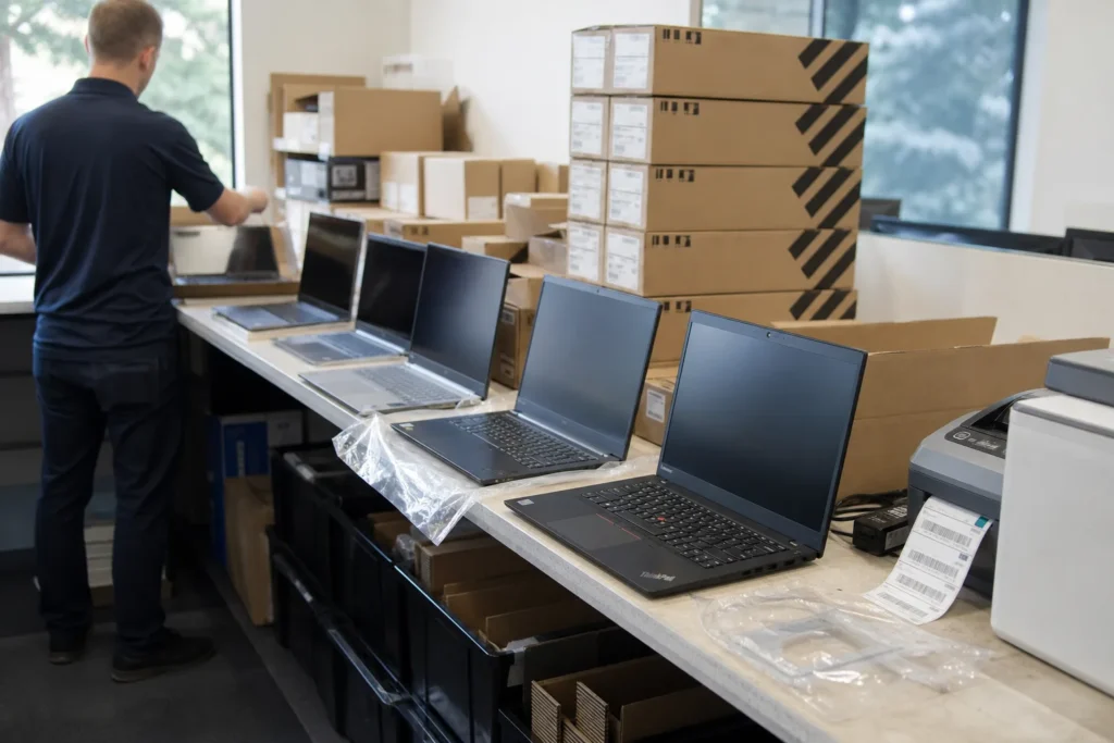 A row of new laptops being unboxed and set up on a clean workbench, boxes stacked and a label printer nearby