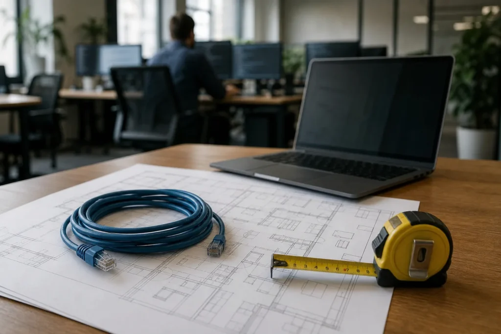 A desk with a printed floor plan, a laptop and a coil of blue network cable, a tape measure on top
