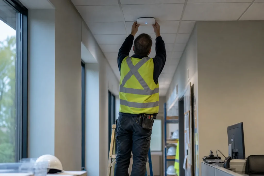A ceiling-mounted wireless access point above a quiet office corridor, a technician on a step ladder seen from behind