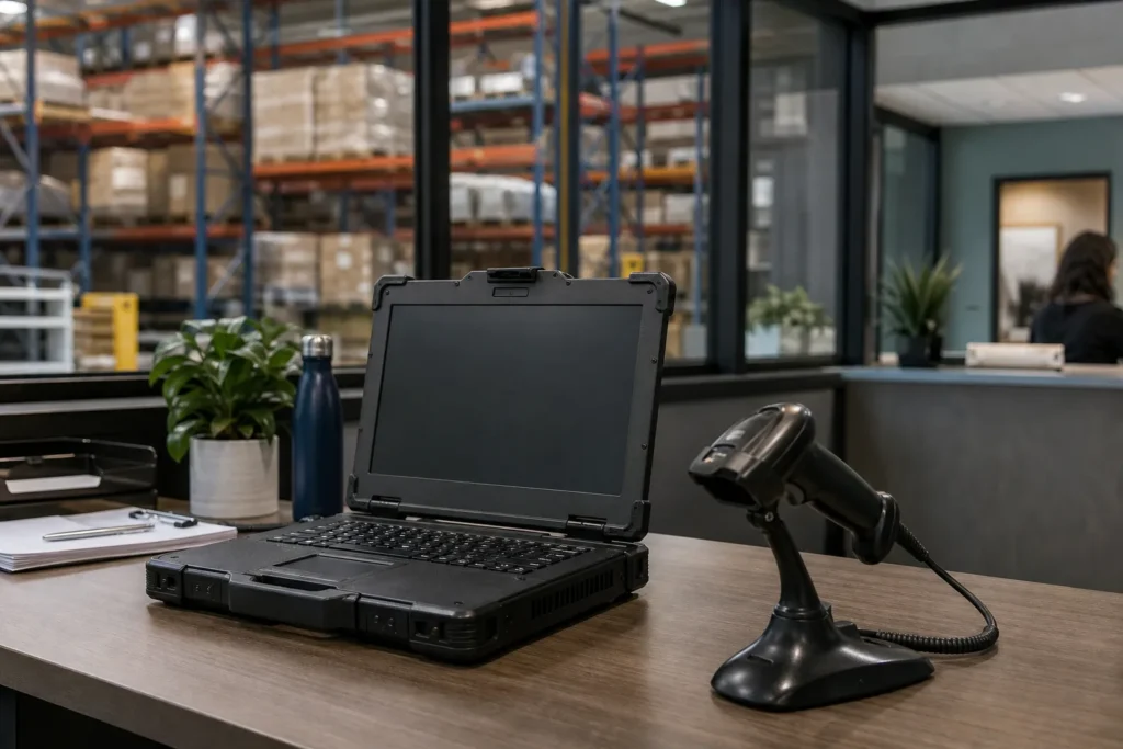A rugged laptop and a barcode scanner on a desk in a warehouse office, racking visible through the window