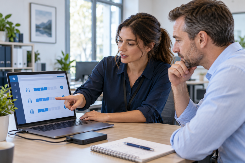 IT technician and office manager reviewing a backup dashboard on a laptop.