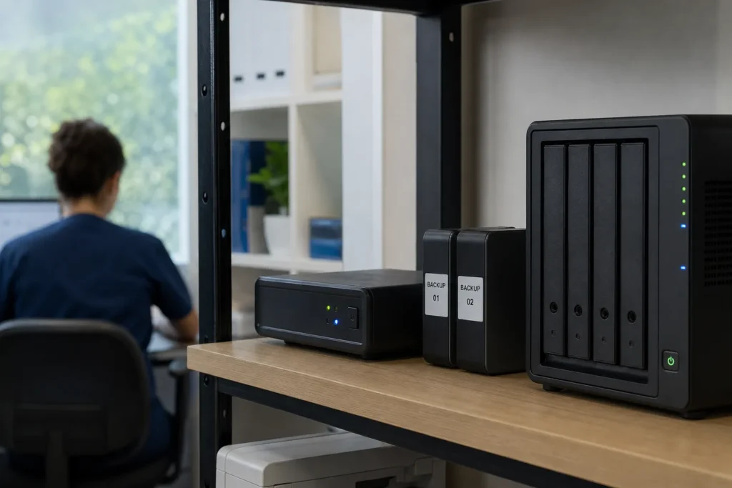 A compact backup appliance and two labelled external drives on a shelf beside a small server, status lights glowing