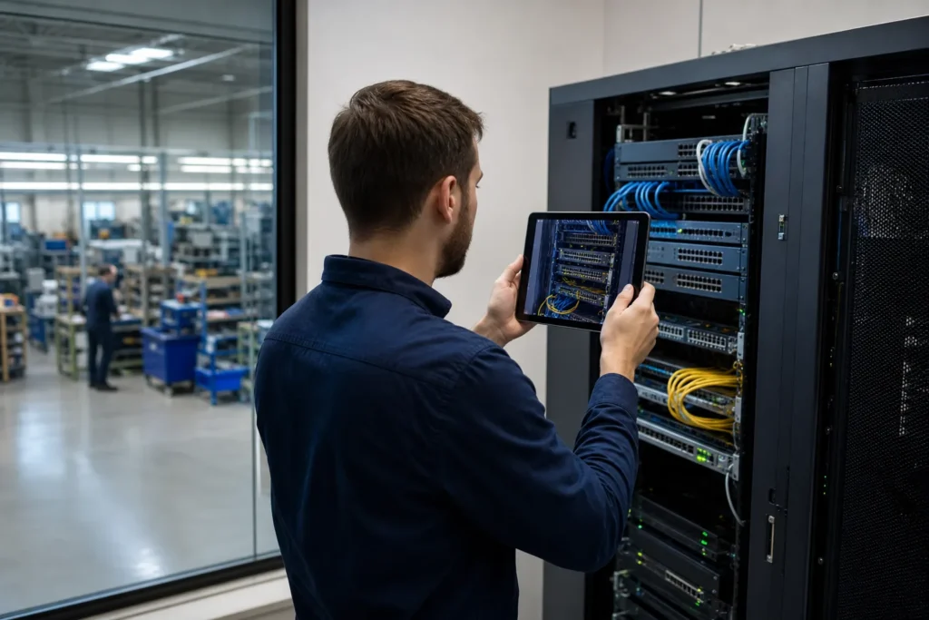 A technician with a tablet photographing equipment in a small office server room