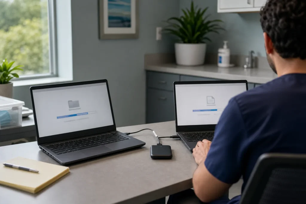 Two laptops side by side on a desk during a data transfer, an external drive and a labelled cable between them, progress bars softly blurred