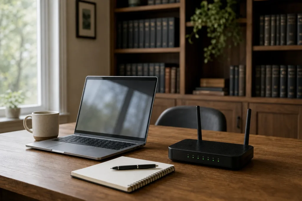 A laptop on a kitchen table at home with a small VPN router beside it, a mug and a notebook, soft daylight