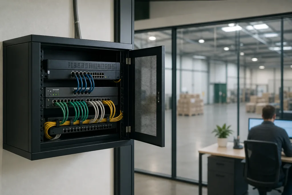 A business firewall appliance in a wall-mounted network cabinet, neatly dressed colour-coded patch cables, cabinet door open
