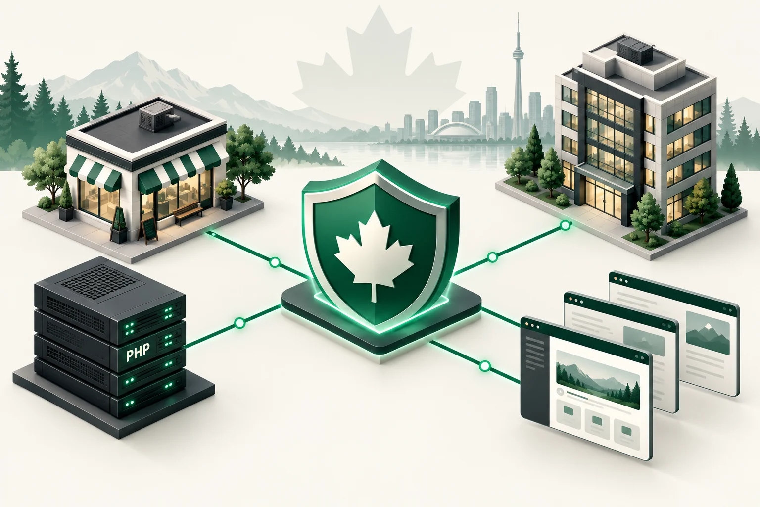 Illustration of Canadian business websites and PHP servers protected by a security shield