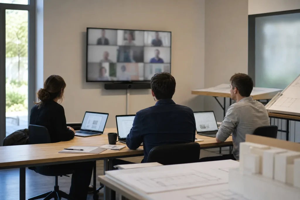 A small meeting room with a wall display showing a softly blurred video call, three laptops open on the table