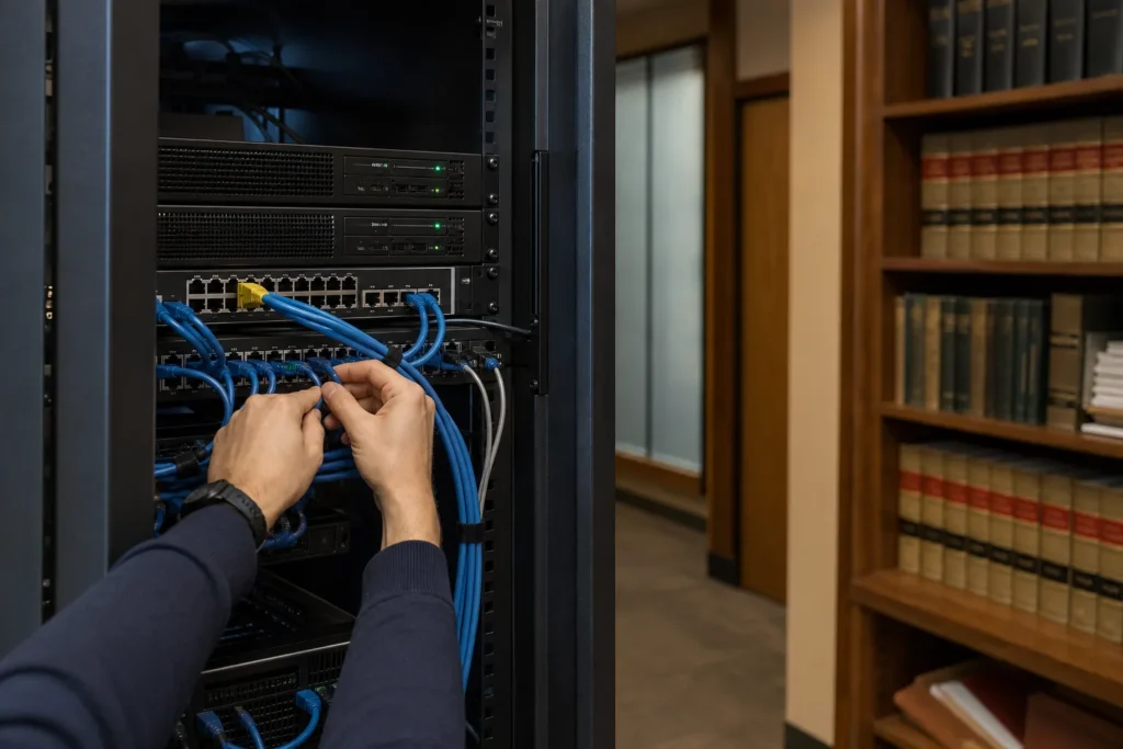 A small business server rack in a tidy comms closet, a technician's hands plugging in a cable